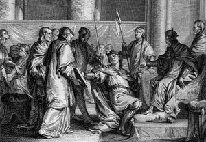Erispoe (muerto en 857), Rey de Bretaña, recibe los ornamentos del reino de manos de Carlos II el Calvo (823-877), 851. Grabado por Jean Michel Moreau, llamado Moreau le Jeune (1741-1814)
