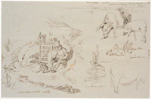 Estudio de hoja de Vognserup. A la izquierda, un pastor (el viejo Rasmus Larsen) sentado con un perro junto a una puerta. En primer plano, un estudio de paisaje con nombres de lugares. Debajo, dos cerdos. A la derecha, un estudio de juncos en un lago. Deba
