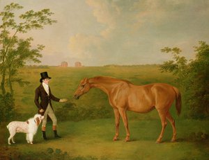 Un caballero con un perro blanco y una yegua castaña en un paisaje