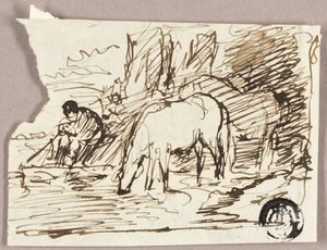 Boceto de caballos bebiendo agua y pescador