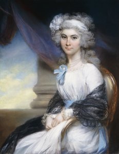 Retrato de la señorita Sophia Vansittart, tres cuartos de longitud, con un vestido blanco con una cinta blanca en su cabello empolvado y un chal negro sobre sus hombros, sentada junto a una columna clásica