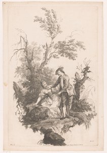 Hombre y mujer con una canasta de aves El verano Cuatro estaciones (título de la serie)