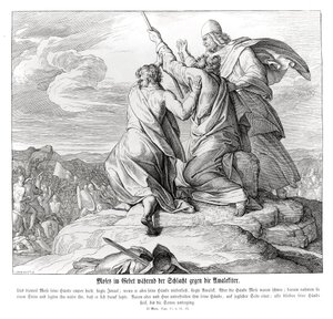 Moisés ora durante la batalla con Amalec, Éxodo