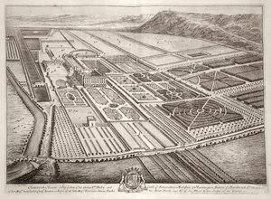 Casa Chatsworth, sede de William Cavendish (1640-1707) 1er Duque de Devonshire, grabado por Johannes Kip