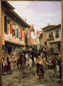 Guerra ruso-turca (ruso-turca) de 1877-1878: "El Gran Duque (Gran Duque) Nicolás Nikolaievitch de Rusia (Nicholas Nicolaievich el Viejo) (1831-1891) en Veliko Tarnovo el 03/06/1877 en Bulgaria" Pintura de Nikolai Dmitrievich Dmitriev Orenburgsky (D