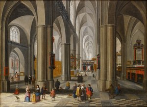 Interior de una catedral con figuras, 1640-1660