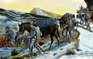 Primera Guerra Mundial: grupo de cazadores alpinos italianos en reconocimiento con sus mulas en 1915. Ilustración de Quinto Cenni (1845-1917)