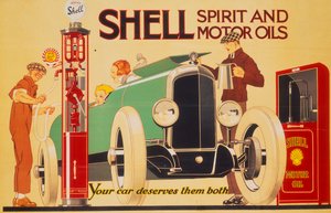 Póster publicitario de espíritu y aceites de motor Shell