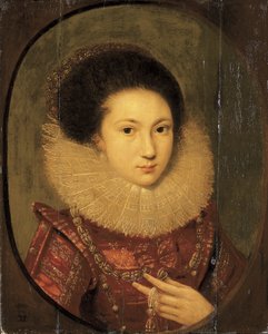 Retrato de una niña, busto, con vestido bordado escarlata y cuello de encaje