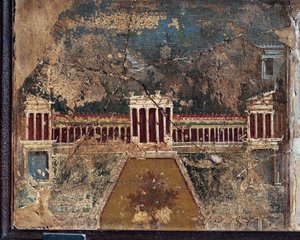 Antiguo fresco romano con temas arquitectónicos de Pompeya