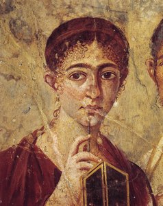 Retrato del panadero Terentius Neo y su esposa en traje formal, detalle de la esposa con su estilete y díptico abierto de Italia, Campania, Pompeya, 55-79 d.C., pintura sobre yeso