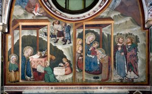 La Natividad y Adoración de los Magos. Fresco de la Escuela de Siena. Siglo XIV. Capilla de la Virgen. Monasterio de San Benedetto (Sacro Speco), Subiaco (Roma), Italia