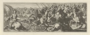 Veldslag bij een rivier Caballería (título de la serie) Faecvnda lo que es la amada de Febo y la agradecida Florentia a los hombres de agudo genio, bastante lo demuestran las pvgnas, enthea por la fuerza de los senos que talló Mercurio al aguerrido cliente