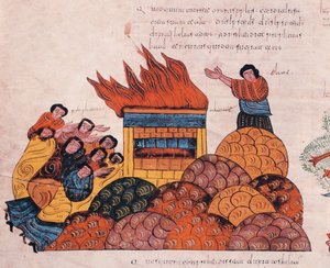 El profeta Elías ora en el Monte Carmelo para que el Dios de Israel sea vindicado ante los sacerdotes de Baal y cae fuego del cielo (I Reyes 18), fol.145v., de la Biblia visigoda-mozárabe de San Isidoro