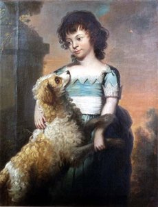 Retrato de una niña con un vestido azul y un perro