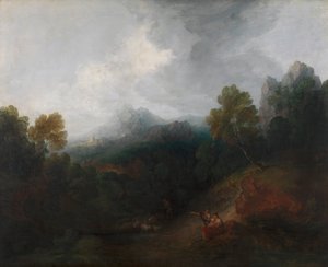 Valle de montaña con figuras y pueblo lejano