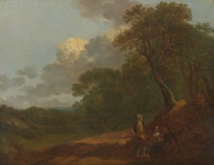 Paisaje arbolado con un hombre hablando con dos mujeres sentadas