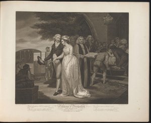 La criada humilde recién casada camina hacia un carruaje mientras la criada libertina está enterrada Lámina 10. La chica buena casada con su amo / El libertino puesto en su tumba (título sobre el objeto) Virtud and Debauchery (título de la serie) Diligenci