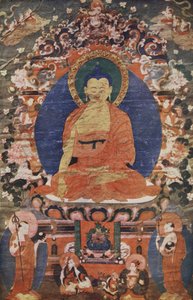 Imagen del Templo Tibetano de Buda entronizado, siglo XVIII, reproducido en The Outline of History: being a plain history of life and mankind por H.G. Wells, Londres
