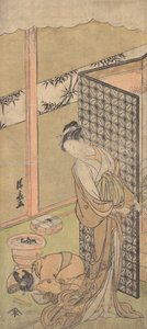 Una Oiran en Atuendo Nocturno, pausando, con una Mano en la Pantalla que Rodea su Cama..., ca. 1770