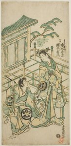 Los actores Ichimura Kamezo I como Urashima Taro y Takinaka Hidematsu I como Kanemoto Gozen en la obra "Ichi no Tomi Seiwa Nendaiki", representada en el Teatro Ichimura en el quinto mes de 1746.