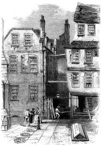 Casas antiguas en el Templo y la tumba de Oliver Goldsmith, Londres, 1860