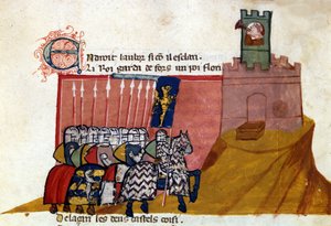 Un grupo de caballeros francos llega a un castillo. Miniatura de “Entrada de España”. Siglo XIV. Venecia, Biblioteca Marciana