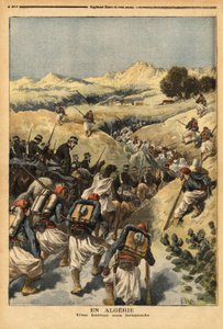 En Argelia, un batallón organizado por un batallón completo de zuavos, reforzado por la caballería, para capturar a Areski ben Bashir, tres veces condenado a muerte por el tribunal de Argel. Grabado en “Le petit journal” 23/12/1893. Colección de Selva.