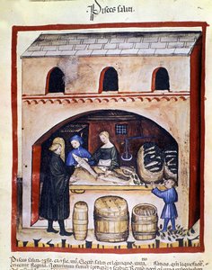 Preparación de pescado sucio. Iluminación del "Tacuinum sanitatis"