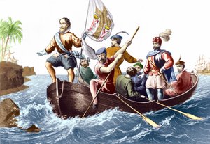 La llegada de Cristóbal Colón a San Salvador el 12/10/1492. Grabado c. 1876
