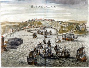 Vista de Salvador, anteriormente conocida como Bahía, capital de Brasil en 1549, cuando fue fundada - Grabado del siglo XVI