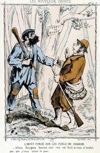 Impuesto forzado sobre escopetas: "Vamos burgués, dame tu arma rápidamente si no quieres que te arruine la piel" - caricatura sobre los "nuevos impuestos"