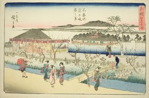 Vista de primavera del nuevo terraplén en el estanque Shinobazu (Shinobazu ike shin dote haru no kei), de la serie "Lugares famosos recién seleccionados en Edo (Shinsen Edo meisho)"