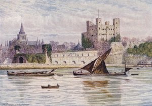 Castillo y catedral de Rochester desde el otro lado del Medway (litografía en color)