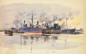 Boceto de barcos mercantes en puerto, finales del siglo XIX-principios del XX (acuarela)