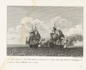 Jan Bart verovert een Hollands fregat bij Duinkerke, 1675 En el mismo año, 1675, Jean-Bart montó un Corsair de 10 cañones; a la salida del Puerto de Dunkerque, toma una Fragata Holandesa de 12 cañones (título sobre objeto) Recopilación de las peleas de Jea
