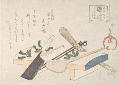 Utensilios de cocina con verduras para la ceremonia del 7 de enero de Hachifusa Shuri