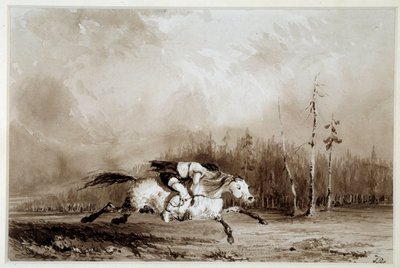 Un caballo galopando llevando a un hombre atado de Unknown artist